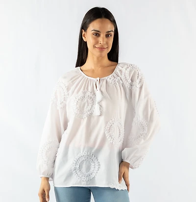 TASSEL TIE EMBROIDED BLOUSE