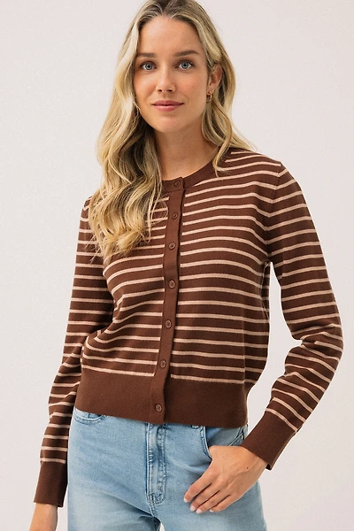 Le cardigan rayé moka et brun