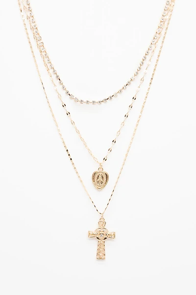 Collier chaînes triple avec pendentif croix et coeur