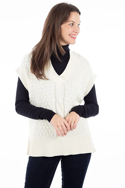Chandail en tricot texturé sans manches avec ceinture | Fransa 3 couleurs