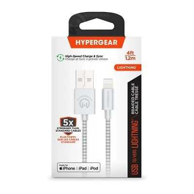 HyperGear 4 ft. 120cm USB-A to Lightning Braided Charge and Sync Cable - White