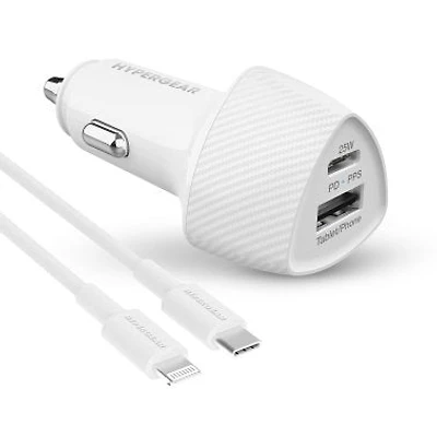 HyperGear SpeedBoost 25W USB-C PD + 12W USB Fast CLA Car Charger w/ PPS 4ft Lightning Cable - White