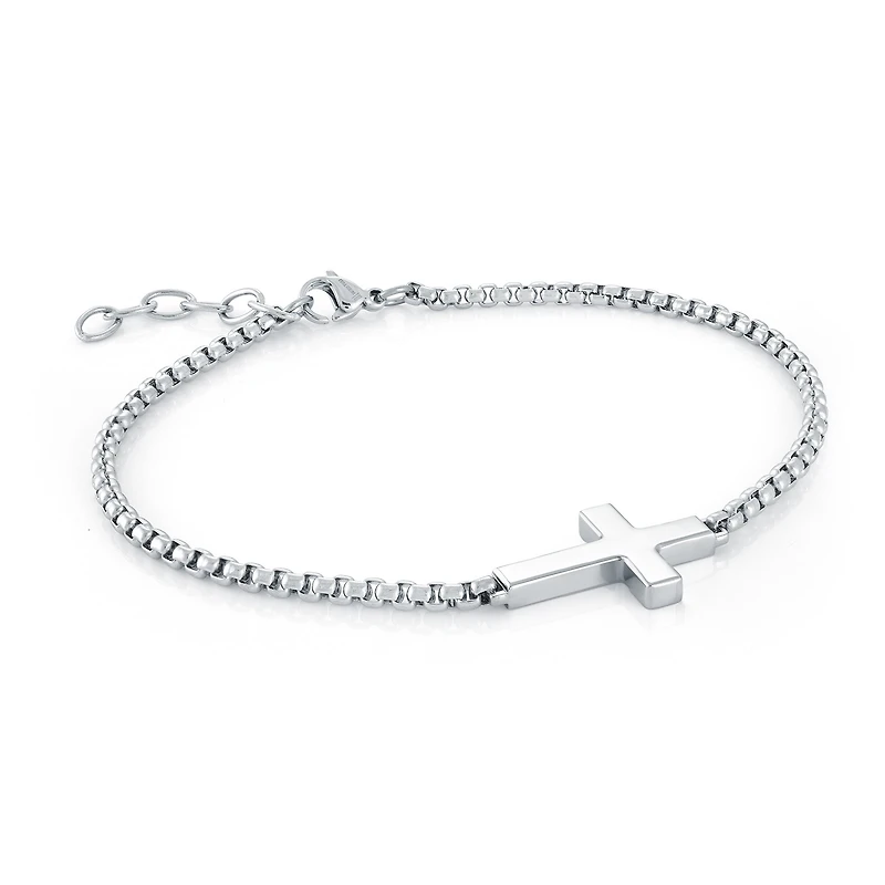 Sideways Cross Round Box Steel Bracelet