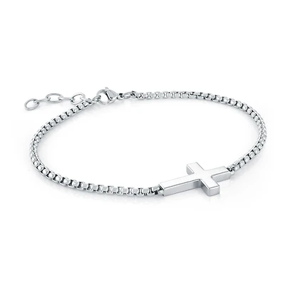 Sideways Cross Round Box Steel Bracelet
