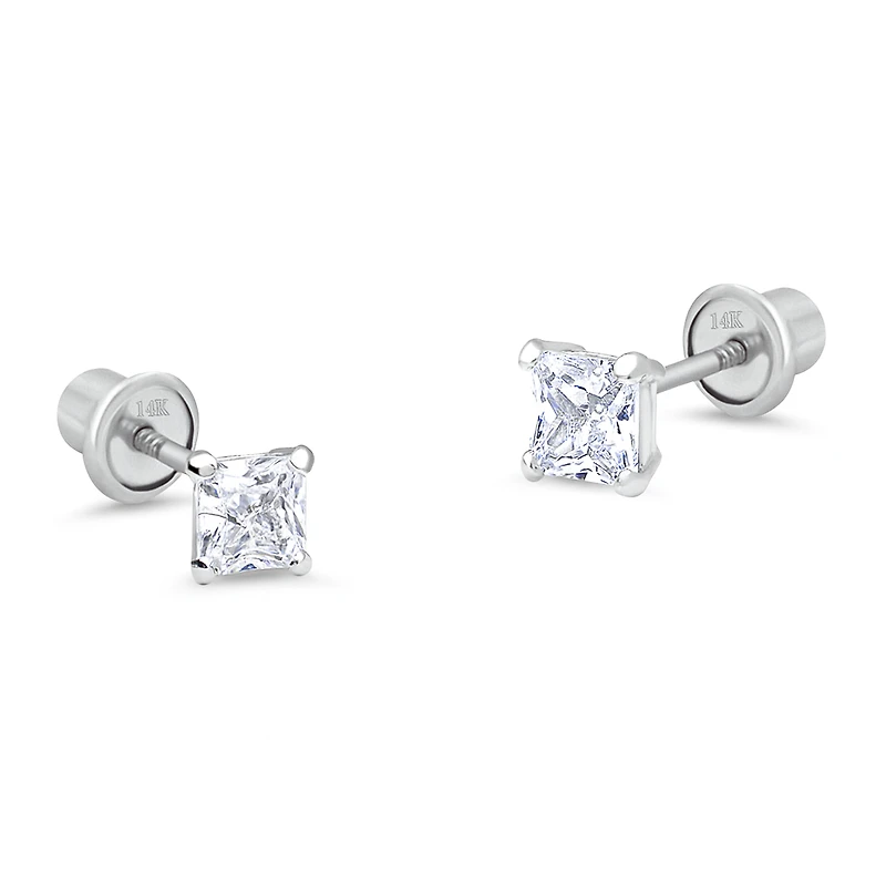 4MM Princess Cut Zirconia White Gold Stud Earring