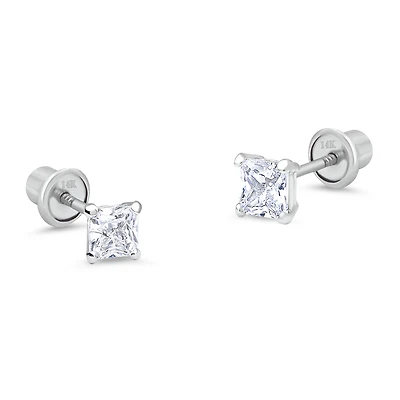 4MM Princess Cut Zirconia White Gold Stud Earring