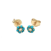 Flower Diamond and Turquoise Stud Earrings