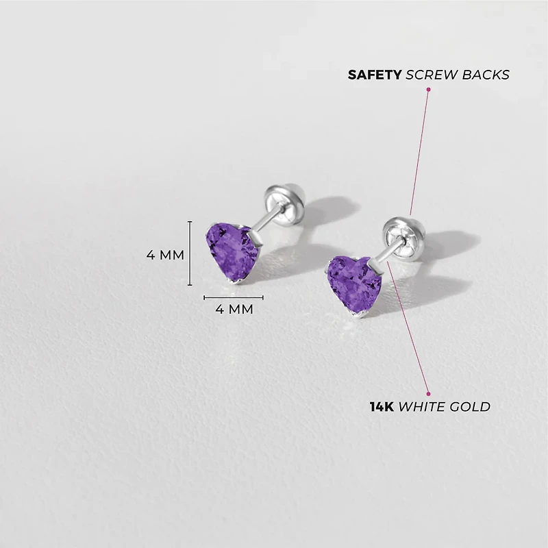 Birthstone White Gold Heart Kids Earrings