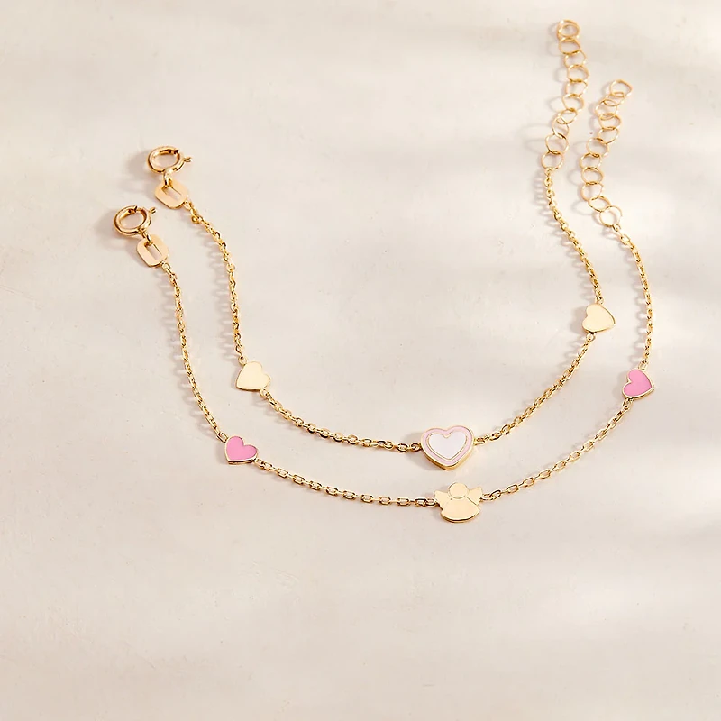 Mother Pearl and Pink Enamel Heart Kids Bracelet