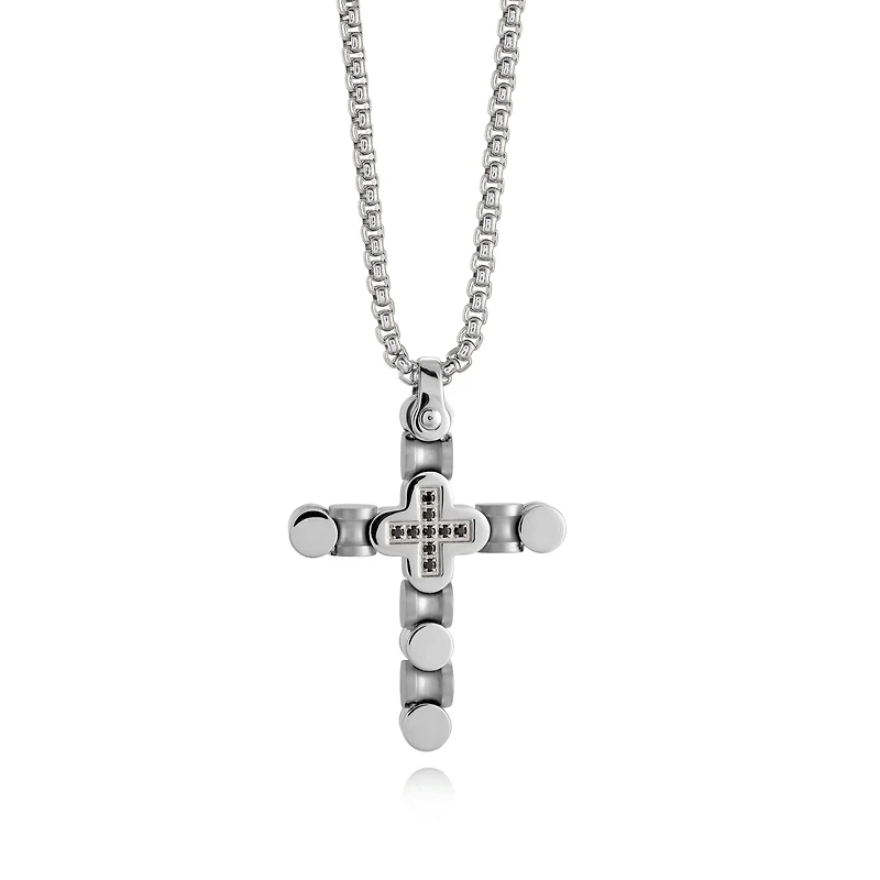 Brushed/Polished Black CZ Cross Necklace