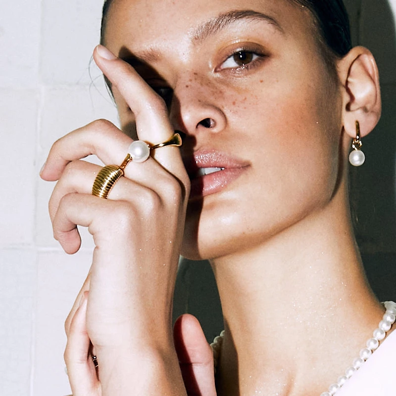Golden Link Pearl Charm Earrings