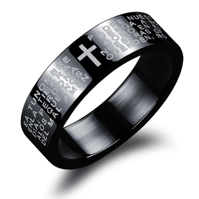 Padre Nuestro Black Stainless Steel Ring