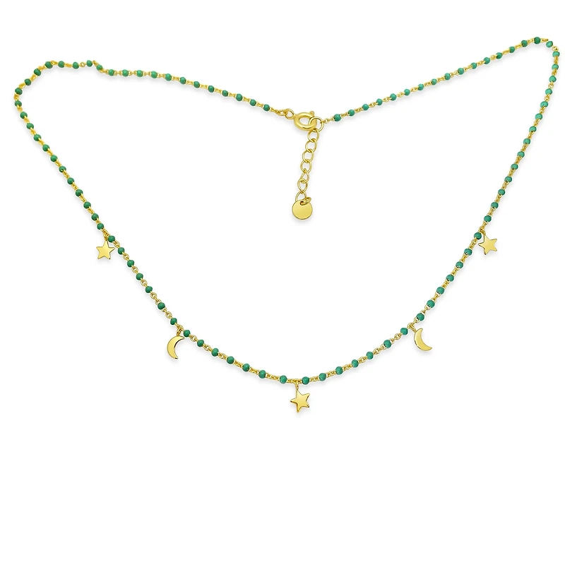 Moon and Star Dangles Turquoise Enamel Kids Necklace