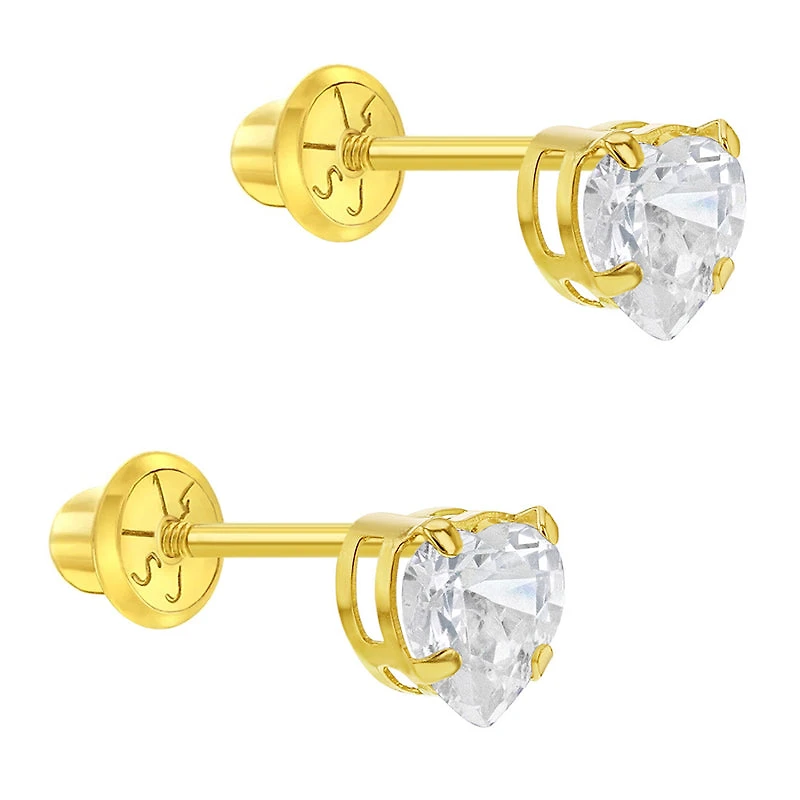 Classic Heart CZ Solitaire Clear Zirconia Kids Earrings