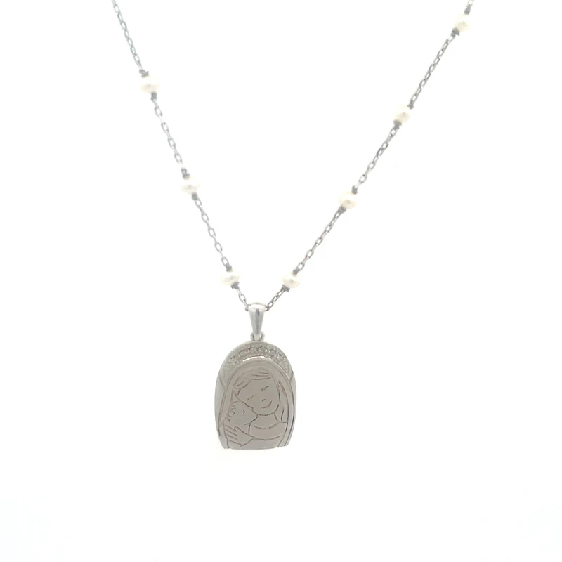 Virgin And Child Embrace Pearl and Diamond Arch Necklace