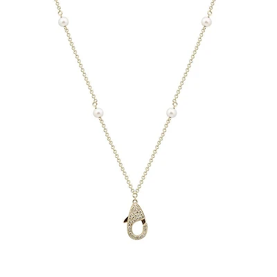 Pearl Chain Diamond Lobster Pendant Holder Necklace