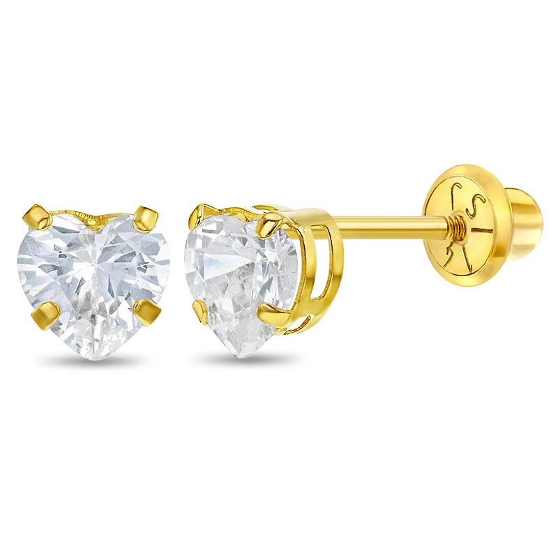 Classic Heart CZ Solitaire Clear Zirconia Kids Earrings