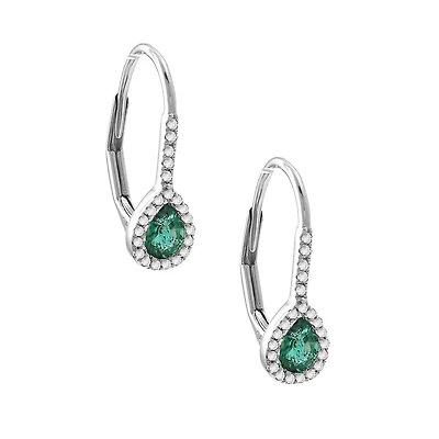 Pear Cut Emerald and Diamond White Gold Earrings