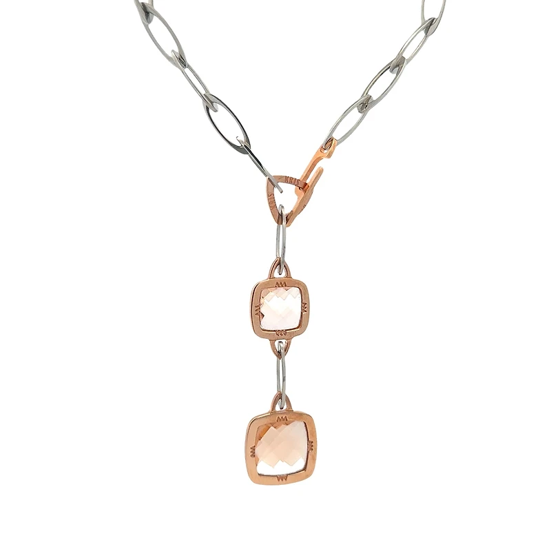 Lariat Paperclip Necklace with Square Ligth Pink Quartz