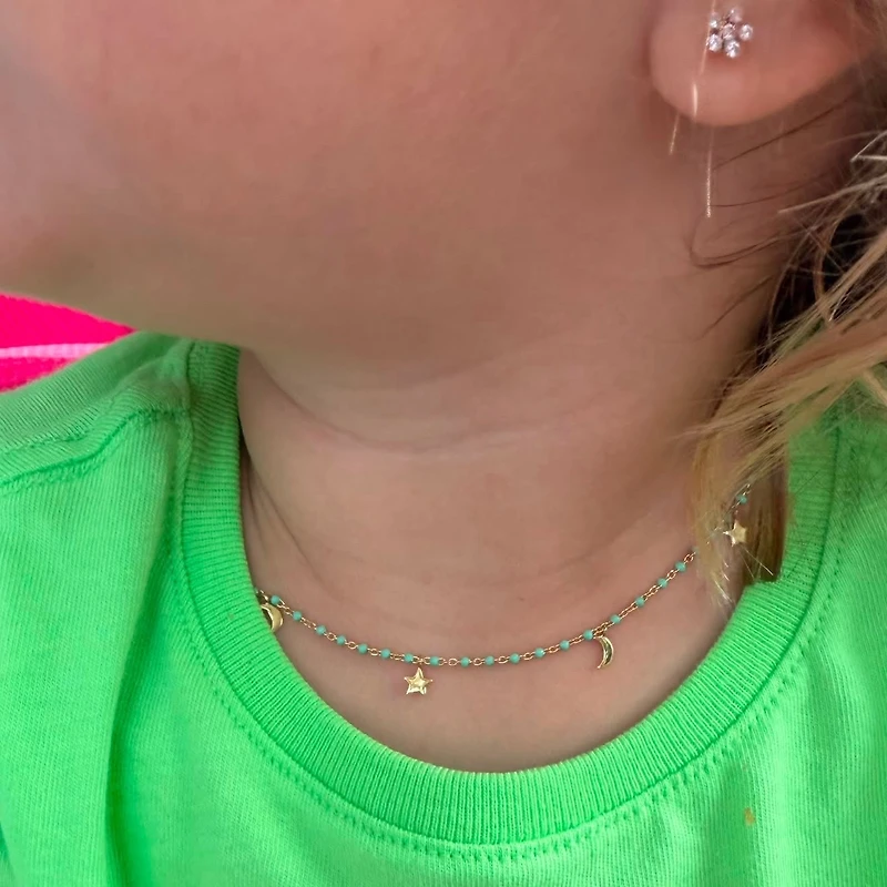 Moon and Star Dangles Turquoise Enamel Kids Necklace