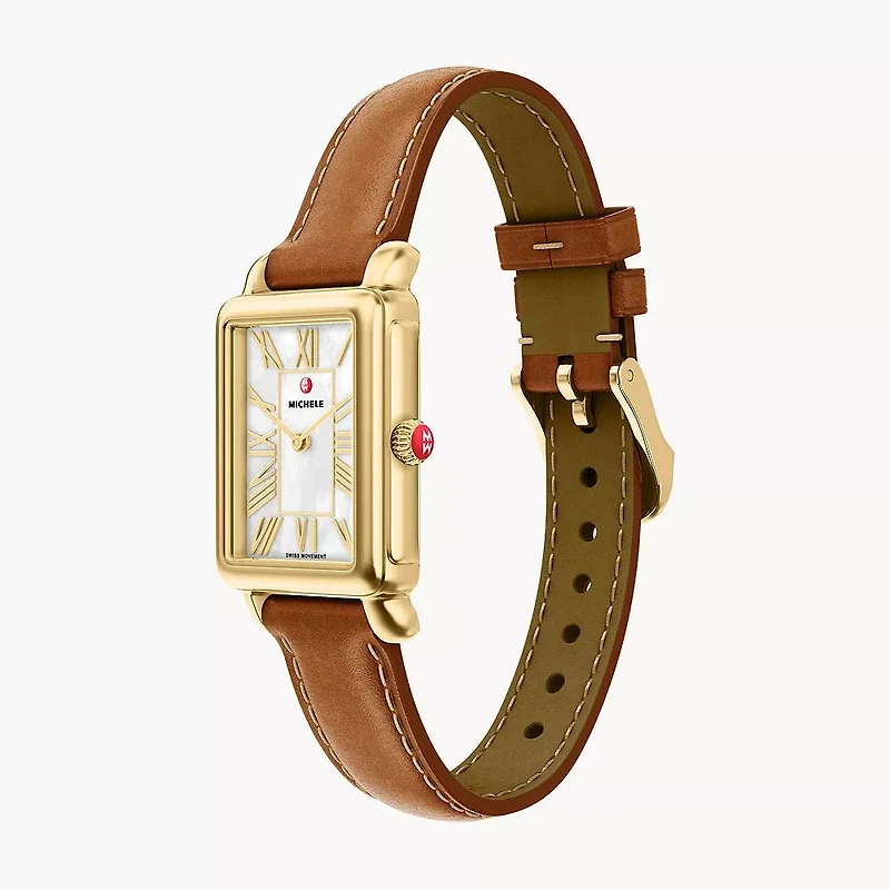 Deco Park 18K Gold-Plated Watch with Brown Leather Strap