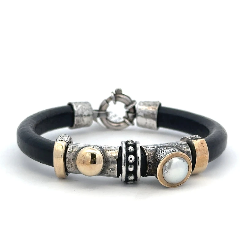 Black Leather and Silver Two Toned Bracelet with Pearl