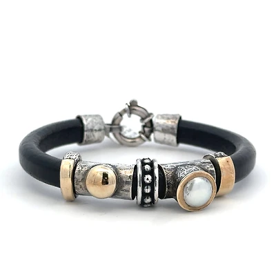 Black Leather and Silver Two Toned Bracelet with Pearl