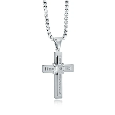 Zirconia Domed Center Cross Steel Necklace