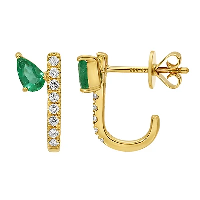 Pear Shape Emeralds and Diamonds J Huggie Earrings