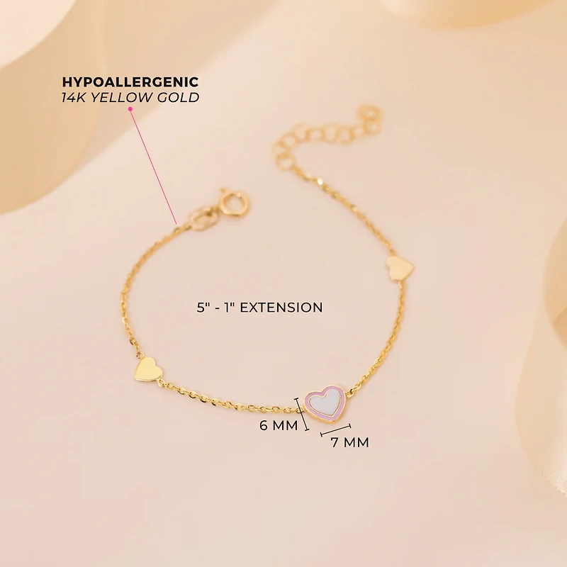 Mother Pearl and Pink Enamel Heart Kids Bracelet