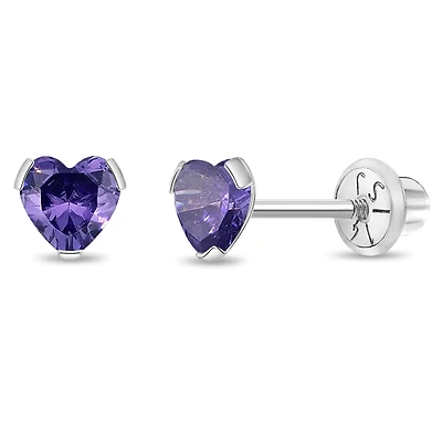 Birthstone White Gold Heart Kids Earrings - February