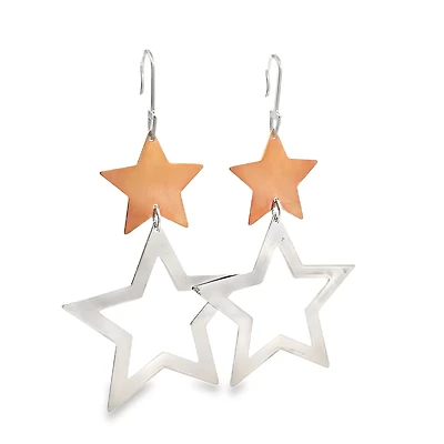 Two-Tone Double Star Dangle Earrings