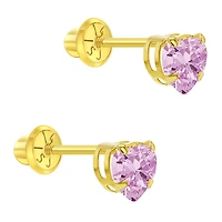 Classic Heart CZ Solitaire Pink Zirconia Kids Earrings