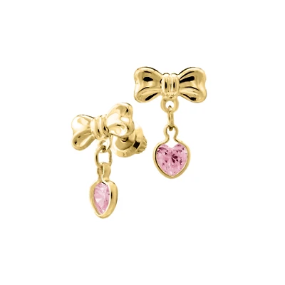 Bow and Pink Heart Dangle Kids Stud Earrings