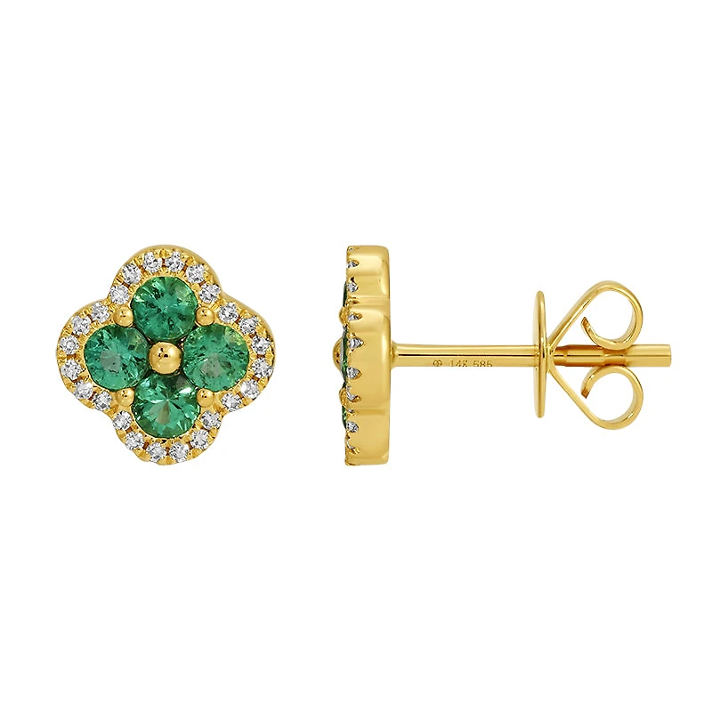 Emerald and Diamond Clover Stud Earrings