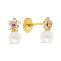 Pink Flower and Pearl Stud Earrings