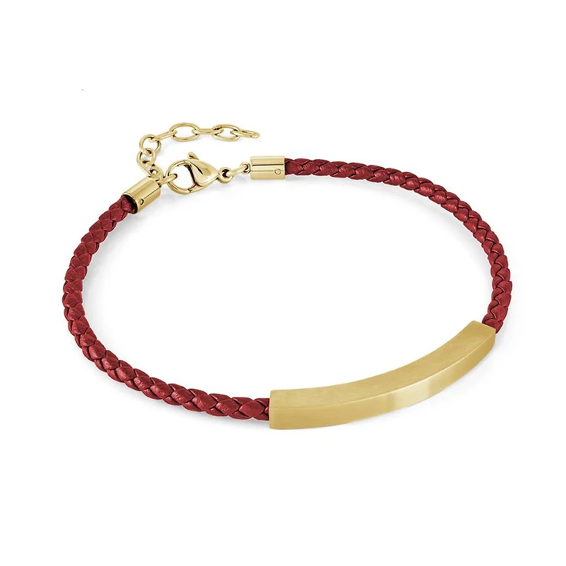 Red Leather Golden Steel Bracelet
