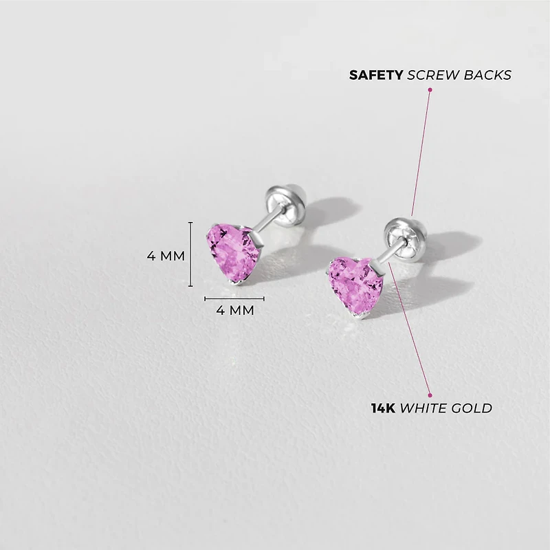 Birsthone White Gold Heart Kids Earrings - October