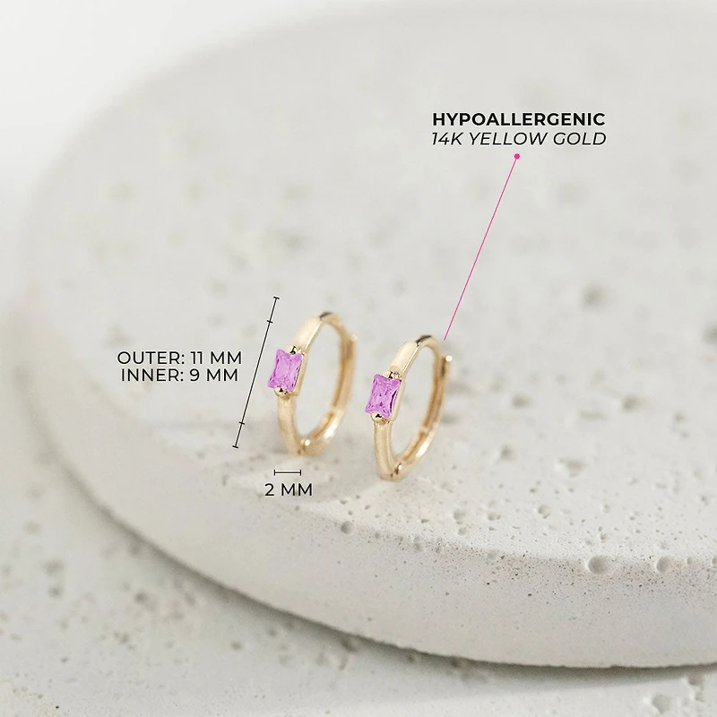 Kids Pink Baguette 11MM Huggie Earrings