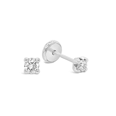 Round Zirconia 3MM Four Prong Set Stud Earrings 14KW
