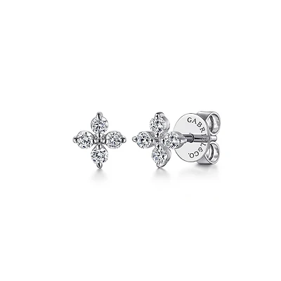 Four Petal Diamond Clover White Gold Stud Earrings