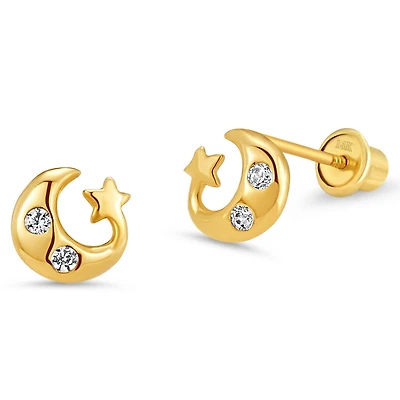 Crescent Moon and Star Stud Earrings
