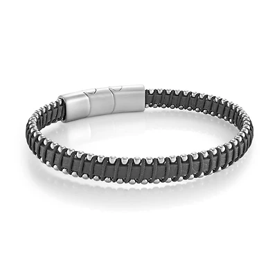 Black Leather, Cord and Steel Bracelet