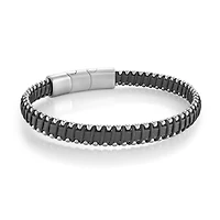 Black Leather, Cord and Steel Bracelet