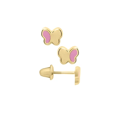 Half Pink Enamel Butterfly Kids Stud Earrings