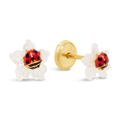 Carved Mother Pearl Flower Lady Bug Stud Earrings