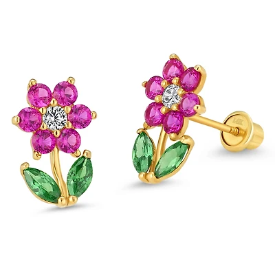 Fuscia Flower and Leaves Zirconias Stud Earrings
