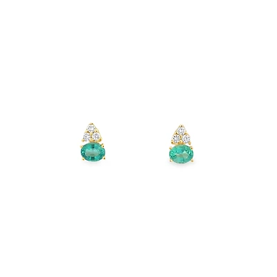 Yellow Gold Stud Earrings with Emerald and Diamonds