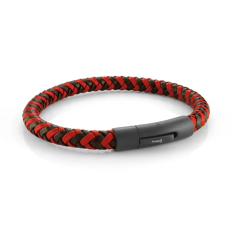 Red Leather Steel Bracelet