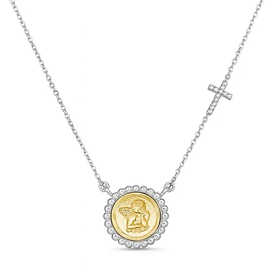 and Yellow Gold Angel and Diamond Cross Necklace